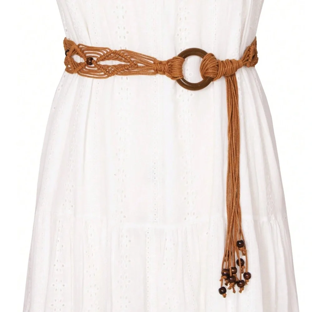 Handmade Braided Beaded Circle Buckle Wrap Tie Belt